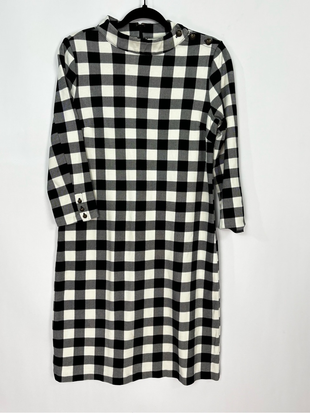 Talbots White Black Buffalo Plaid High Neck Faux Button Dress Sz Medium
